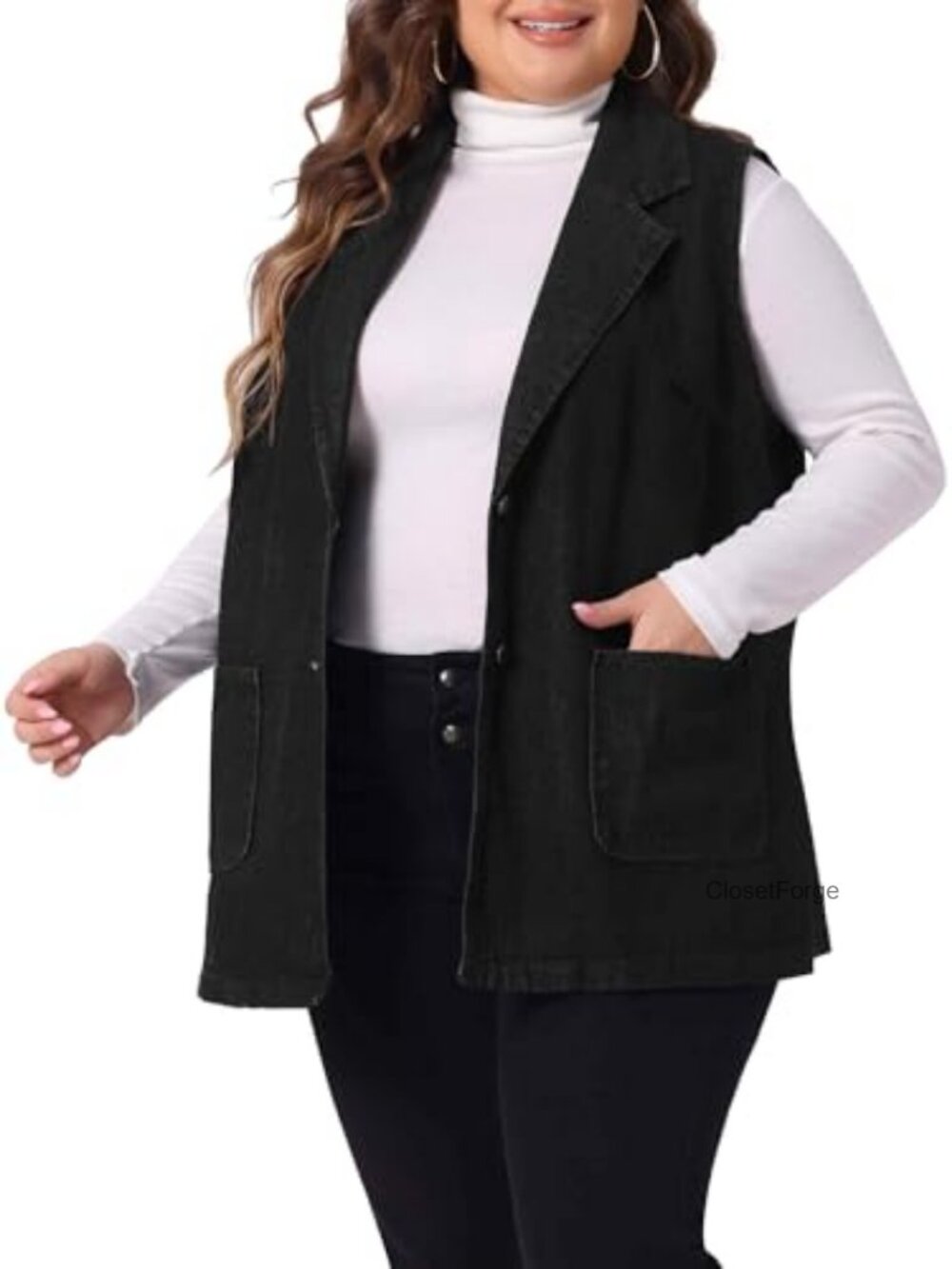 Dressy Sleeveless Lapel Jean Jacket Vest with Button Front